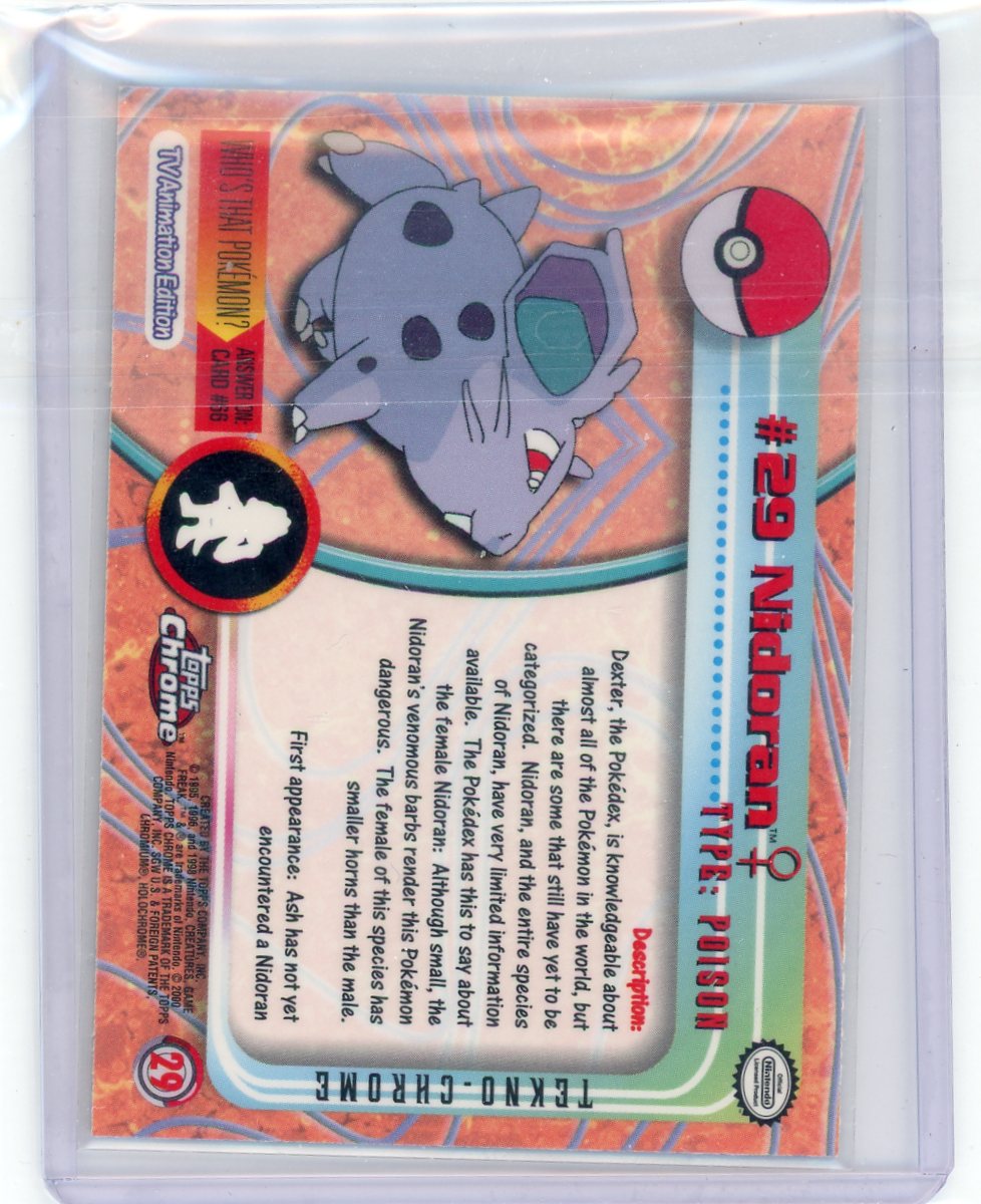 Nidoran 2000 Topps Chrome Pokemon Tekno Refractor #29 – Official Pokemon TCG Product