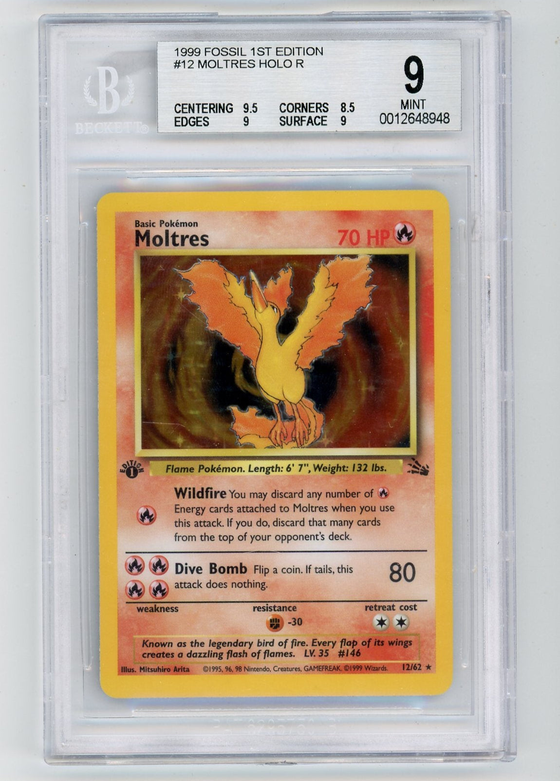 Moltres 1999 Pokemon Fossil 1st Edition Holo #12/62 BGS 9 – Official Pokemon TCG Product